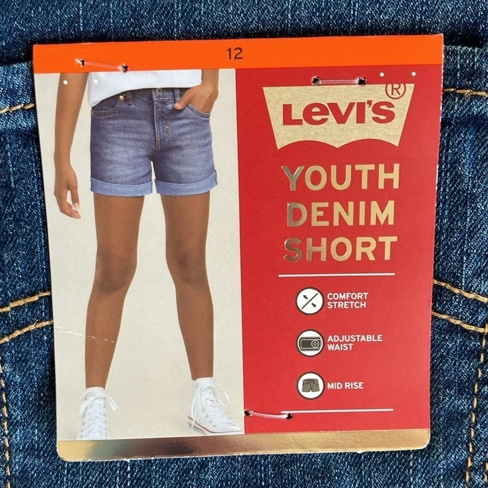 NWT Levi's Girl’s Blue Jean Shorts with Rolled Cuffs Adjustable Waist Mid Rise